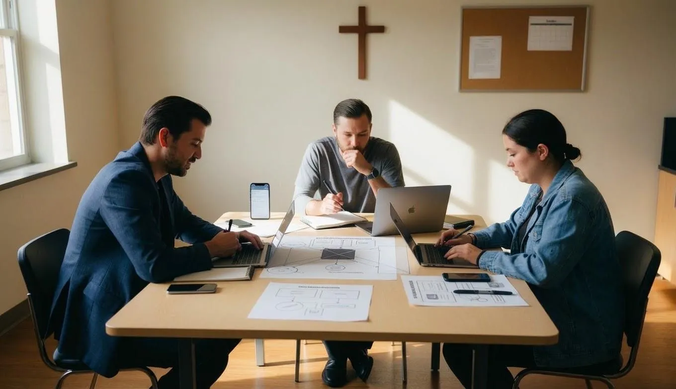 Three church leaders collaborating around a table with laptops and planning documents in a meeting room with a wooden cross on the wall