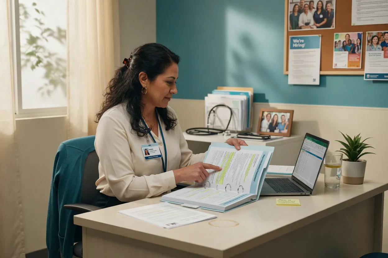 Practice manager at a small clinic desk reviewing a staff handbook binder next to a laptop.