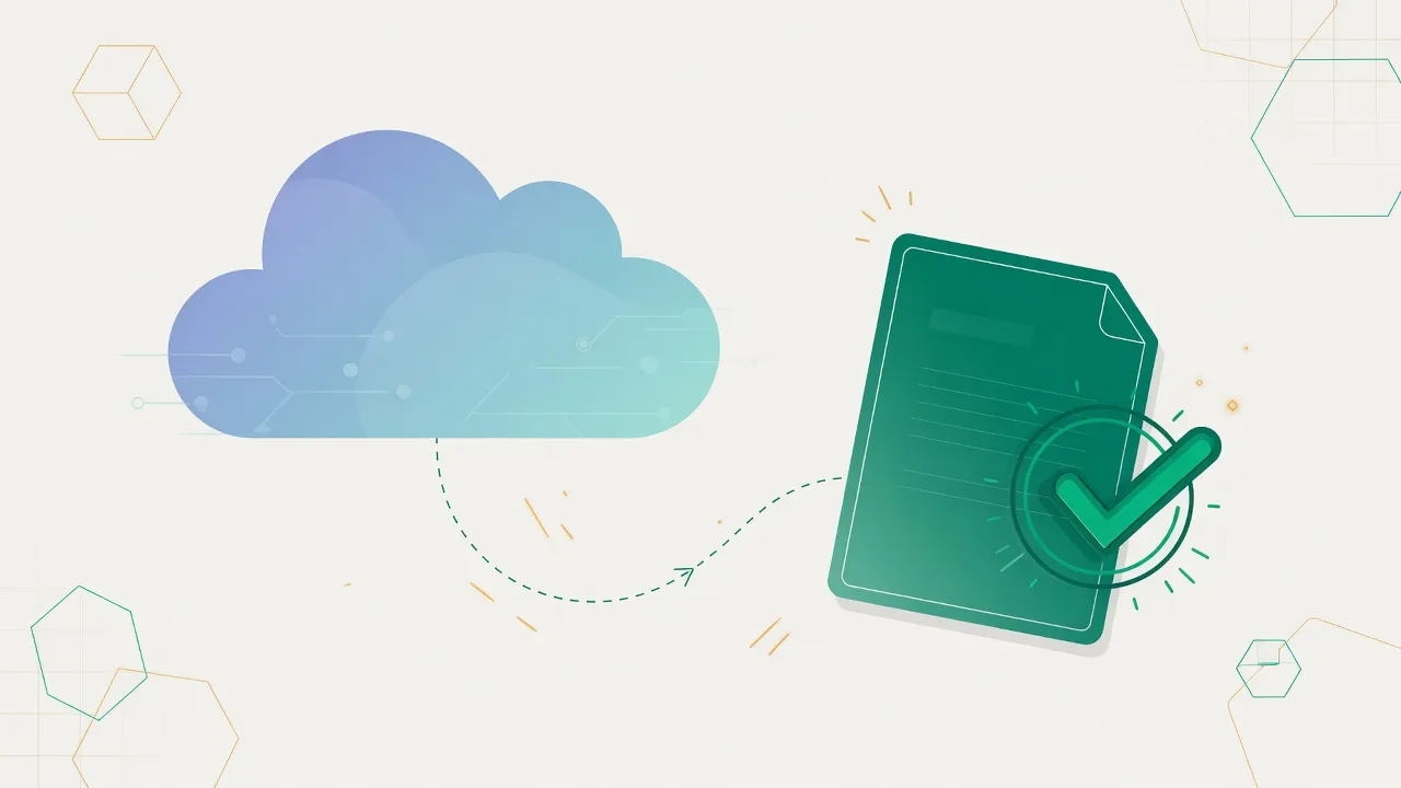 Abstract illustration: a soft blue cloud connected by a path to a green policy document with a checkmark, representing import from cloud storage into ClearPolicy.