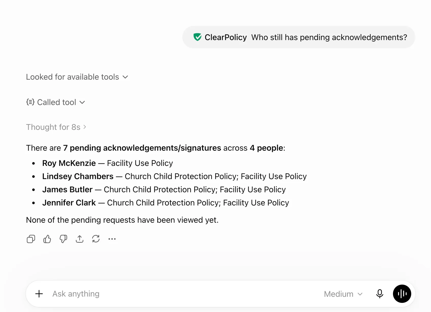 ChatGPT answering who still has pending acknowledgments with a ClearPolicy list of people and policies
