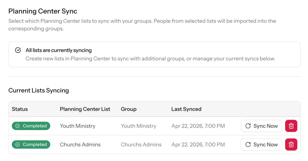 Planning Center sync settings showing active syncs and last sync time
