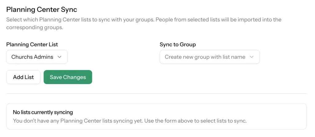 Set up a new sync by selecting a Planning Center list and mapping it to a ClearPolicy group.