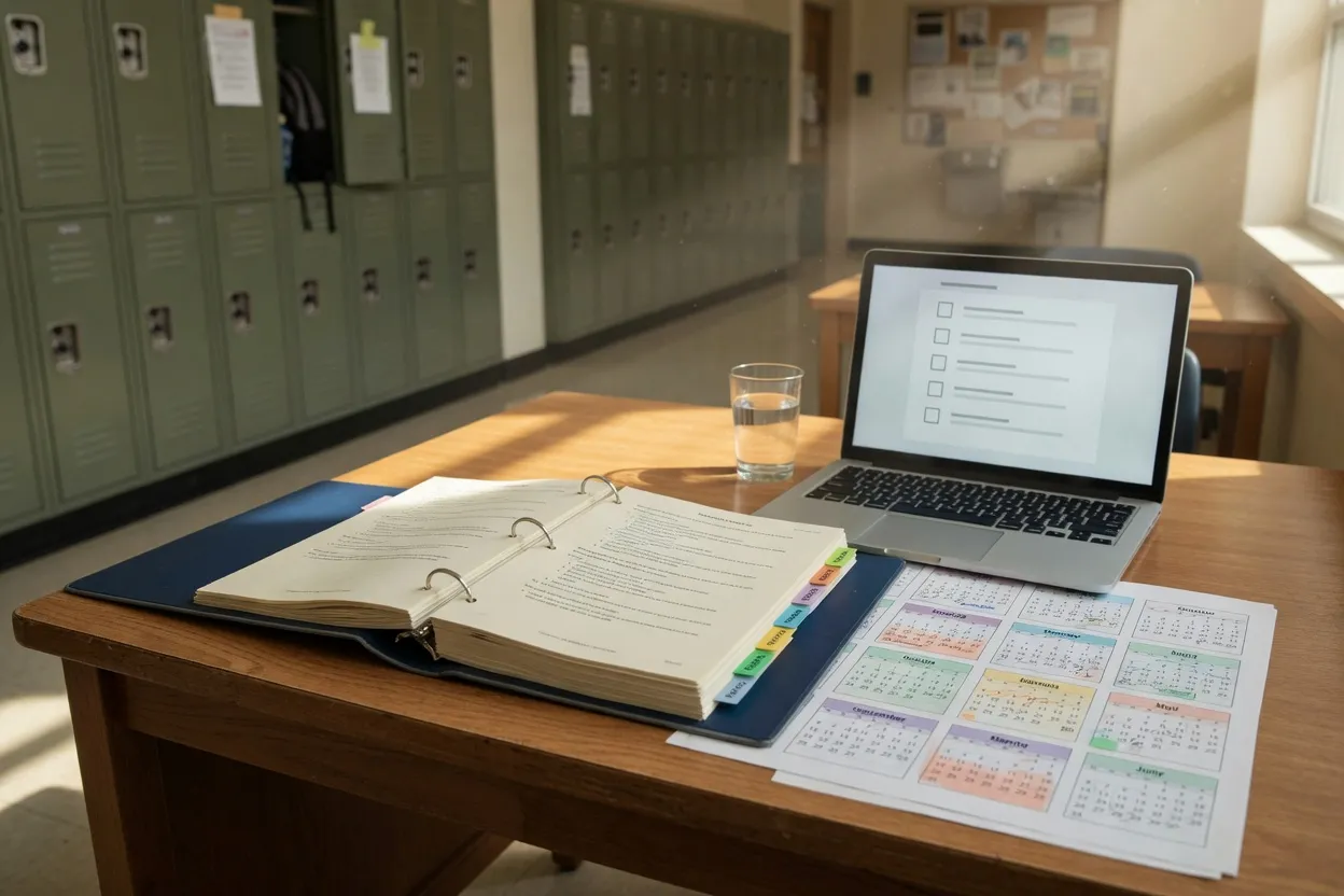 School office desk with a staff handbook binder, laptop, and calendar open during the school year.